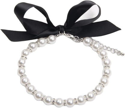 Dog Cat Pearls Necklace Collar with Bling Accessories and Ribbon Bow Pet Puppy Jewelry for Female Dogs Cats Small Medium (XL
