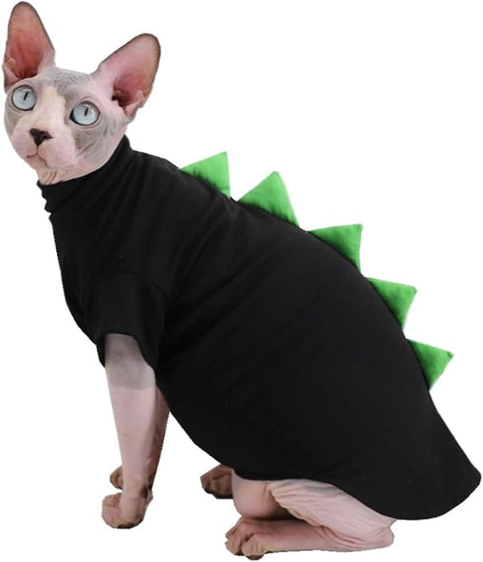 Dinosaur Design Sphynx Hairless Cat Clothes Cute Breathable Summer Cotton Shirts Cat Costume Pet Clothes (9-12.1 lbs),