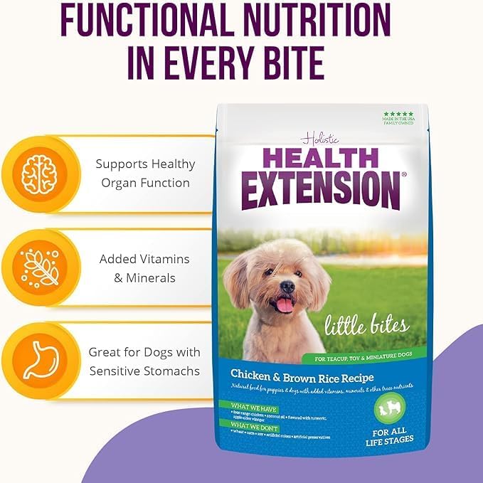 Health Extension Little Bites Chicken & Brown Rice Dry Dog Food (1 lb / 0.45 kg) - Natural with Probiotics and Superfoods for Teacup, Toy & Small Breeds (Pack of 4)