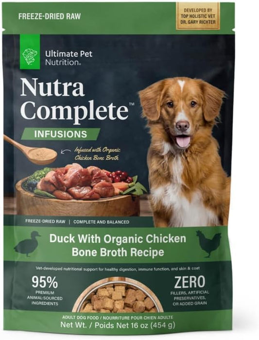 ULTIMATE PET NUTRITION Nutra Complete Bone Broth Infusions, 100% Freeze Dried Veterinarian Formulated Raw Dog Food with Antioxidants Prebiotics and Amino Acids (16 Ounce, Bone Broth Duck)