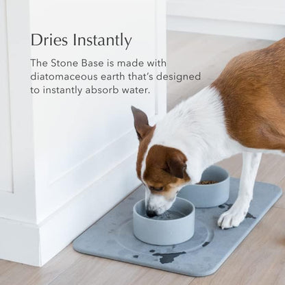 Dorai Home Dog Bowls + Stone Base Set – Modern and Stylish Pet Feeding Station – Non-Slip, Quick Drying Base with Diatomaceous Earth – Includes 2 Bowls and Base – Slate