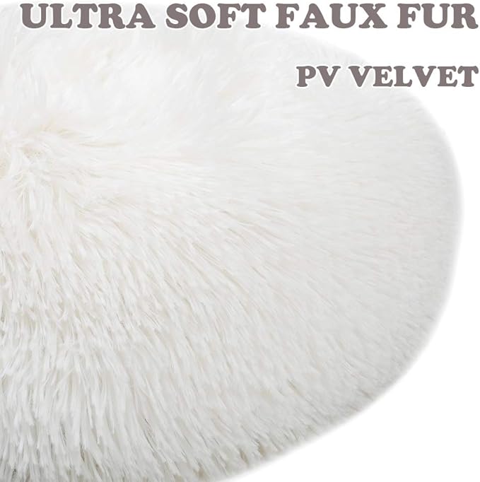 otoez Kitten Puppy Bed Extra Small XS Round Dog Cat Beds Anti Anxiety Plush Pet Calming Donut Bed with Non-Slip Waterproof Bottom (15.7", White)