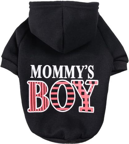 Elledia Dog Hoodie Mommy's Boy Printed Sweatshirts Pet Winter Outfit with Hat Puppy Warm Coat with Leash Hole Hooded Clothes for Small Dogs Cats Puppies