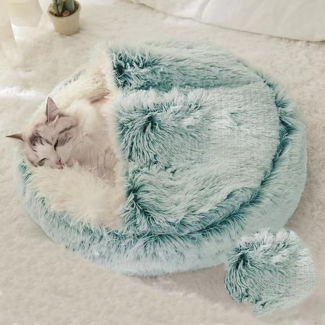 Cat Bed Round Fluffy Hooded Cat Bed Cave