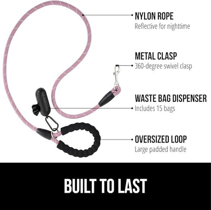 Gorilla Grip Dog Leash, Heavy Duty Reflective Rope Leashes for Large, Medium, Small Breed Dogs, Puppy Training Essential for Walks, Hikes, Soft Handle, Rotating Metal Clip, Waste Bag Dispenser, Pink