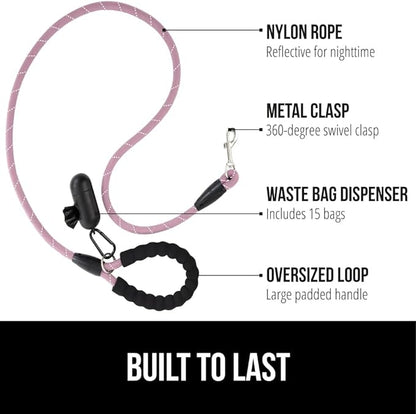 Gorilla Grip Dog Leash, Heavy Duty Reflective Rope Leashes for Large, Medium, Small Breed Dogs, Puppy Training Essential for Walks, Hikes, Soft Handle, Rotating Metal Clip, Waste Bag Dispenser, Pink