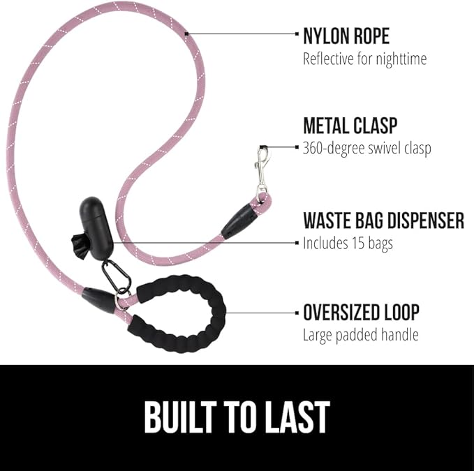 Gorilla Grip Dog Leash, Heavy Duty Reflective Rope Leashes for Large, Medium, Small Breed Dogs, Puppy Training Essential for Walks, Hikes, Soft Handle, Rotating Metal Clip, Waste Bag Dispenser, Pink