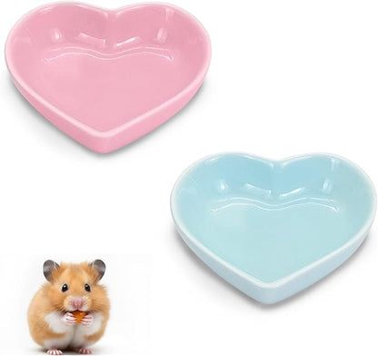 Ceramic Hamster Food Bowl, 1.2oz Durable Heart Hamster Water Dish for Hamsters/Birds/Snakes/Turtle, Easy to Wash and Prevent Tipping (Pink+Blue, 2pcs)