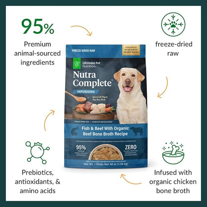 ULTIMATE PET NUTRITION Nutra Complete Bone Broth Infusions, 100% Freeze Dried Veterinarian Formulated Raw Dog Food with Antioxidants Prebiotics and Amino Acids, (3 Pound, Bone Broth Fish)