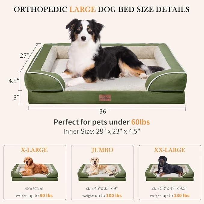 Waterproof Dog Beds for Large Dogs, Orthopedic Large Breed Dog Beds, Comfy Pet Bed Sofa with Washable Removable Cover & Non-Slip Bottom(Large,Light Green)