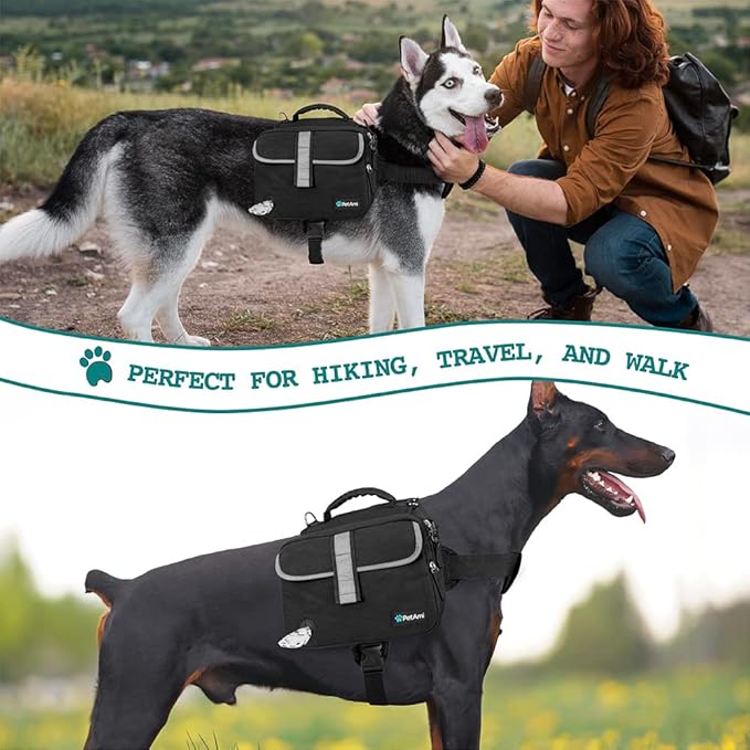 PetAmi Dog Backpack for Medium Large Dogs, Dog Saddle Bag For Dogs to Wear, Tactical Harness Saddlebag with Reflective Safety Side Pockets for Hiking, Camping, Vest Dog Pack for Travel (Black, Medium)