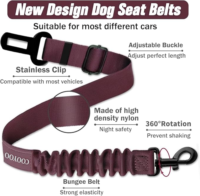 COOYOO Dog Seat Belt,Retractable Dog Car Harness Seat Belt for Car Adjustable Nylon Pet Safety Seat Belts Heavy Duty & Elastic Bungee Buffer