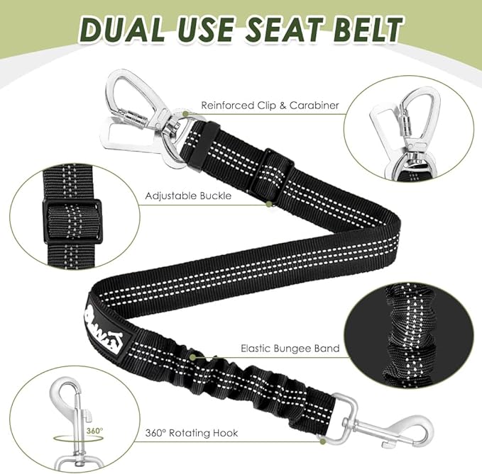 Lukovee Dog Seat Belt for Car, Adjustable Dog Car Harness for Large Medium Small Dogs, Soft Padded & Breathable Mesh Dog Seatbelt with Car Strap and Carabiner(Black Double Clip,Large)