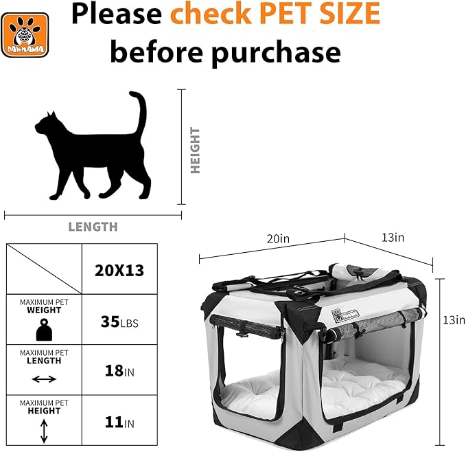 Extra Large Cat Carrier, Collapsible Dog Travel Crate, Soft-Sided, Lightweight, Anti-Scratch, Desingned for Large Cats & Small - Medium Dogs - Ideal for Indoor & Outdoor, Comfy Bed Pillow Included