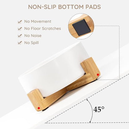 SPUNKYJUNKY Ceramic Dog and Cat Bowl with Wooden Stand, Modern Cute Weighted Food Water Bowl for Large Dogs & Cats White