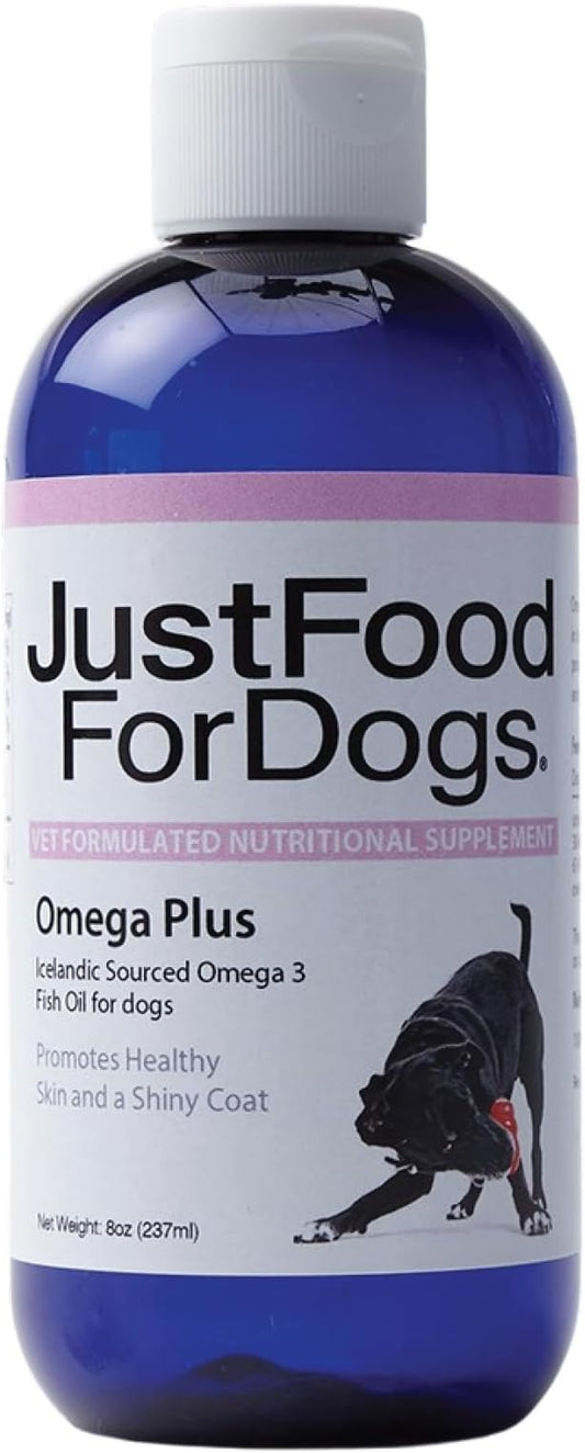 JustFoodForDogs Omega Plus Premium Fish Oil for Dogs Omega 3 Supplement, Liquid, 8 oz