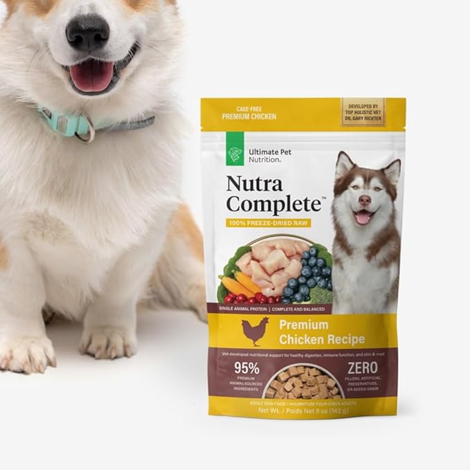 ULTIMATE PET NUTRITION Nutra Complete Raw Freeze Dried Dog Food, Veterinarian Formulated with Antioxidants, Prebiotics & Amino Acids (5 Ounce, Chicken)