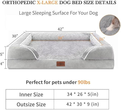 XL Dog Bed Waterproof, Extra Large Dog Beds Orthopedic Foam, Large Dog Beds with Bolster, Washable Dog Bed Sofa Pet Bed with Removable Cover & Non-Slip Bottom(X-Large,Grey White)