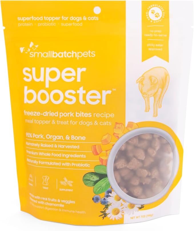 smallbatch Pets Freeze-Dried Super Booster Pork Bites for Dogs & Cats, 7 oz, Made in The USA, Humanely Raised Single Protein Source, Topper & Treat, with Organic Vegetables and Probiotics