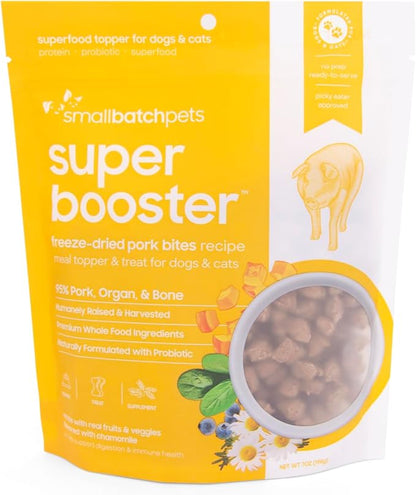 smallbatch Pets Freeze-Dried Super Booster Pork Bites for Dogs & Cats, 7 oz, Made in The USA, Humanely Raised Single Protein Source, Topper & Treat, with Organic Vegetables and Probiotics