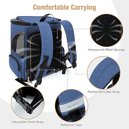 Lekereise Large Cat Backpack Carrier Fit Up to 20 25 Lbs, Expandable Pet Carrier Backpack Foldable Dog Backpack Carrier, Blue