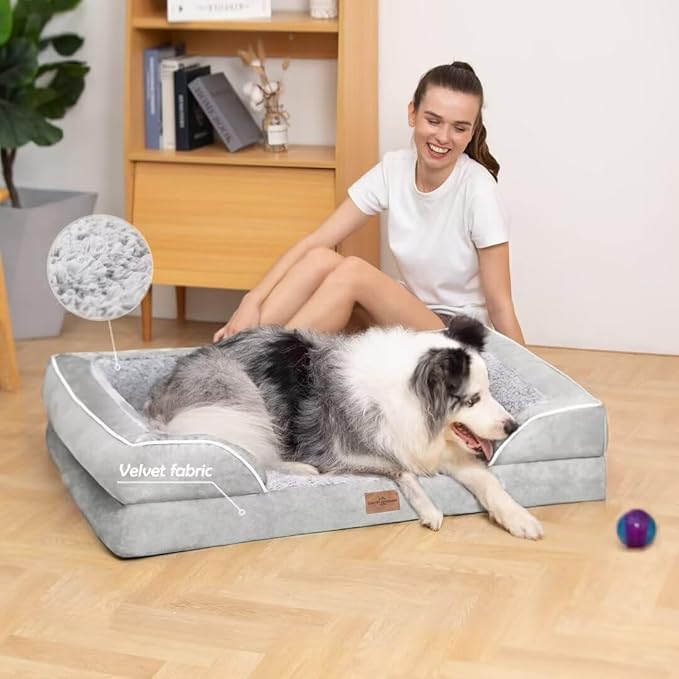 XXL Orthopedic Foam Dog Bed for Extra Large Dogs, Waterproof Orthopedic Dog Beds, Washable Dog Sofa Bed with Removable Cover & Non-Slip Bottom(XX-Large,Grey White)