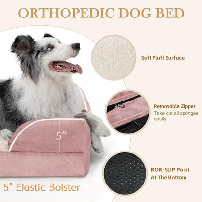 Waterproof Orthopedic Foam Dog Beds XL Dog Bed, Extra Large Dogs with Bolster, Washable Dog Bed Sofa Pet Bed with Removable Cover & Non-Slip Bottom(X-Large,Pink)