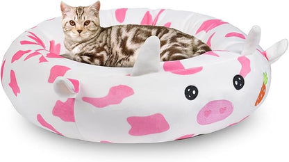 26" Strawberry Cow Pet Bed, Calming Dog & Cat Plush Bed, Fulffy Comfy Padded Cat Mat Plush Pet Bed, Non-Slip Bottom, Soft Washable Sleeping Dog Cot for Medium Small Dogs Cat Puppy Kitty