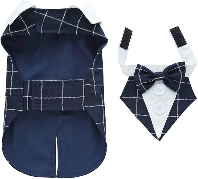 Puppy Tuxedo with Detachable Bowtie Prom Wedding Formal Wear Prince Costume for Small Dog (Large, Blue Stripe)