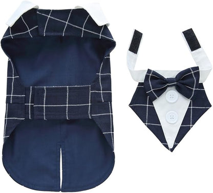 Puppy Tuxedo with Detachable Bowtie Prom Wedding Formal Wear Prince Costume for Small Dog (Medium, Blue Plaid)