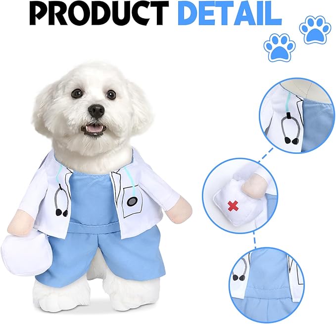 Dog Doctor Costume Outfit Doctor Coat Pet Cat Clothes Halloween Dog Costumes for Small Medium Puppy Kitten Party Cosplay Dress Up (X-Large), White