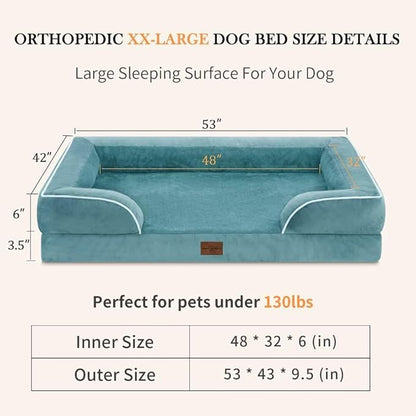 XXL Waterproof Orthopedic Dog Bed for Extra Large Dogs, Orthopedic Foam Dog Sofa Bed with Washable Removable Cover & Non-Slip Bottom(XX-Large,Washed Blue)