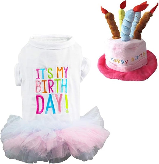 Dog Birthday Princess Tutu Dress for Small Dogs Girl + Adjustable Puppy Cat Birthday Party hat Cake Shaped (Dress+hat