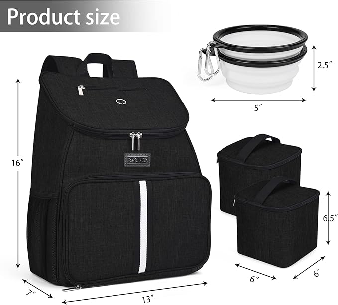 BAGLHER丨Dog Travel Bag, Airline Approved Pet Supplies Backpack, Dog Travel Backpack Accessories Set with 2 Silicone Collapsible Bowls and 2 Food Baskets. Black