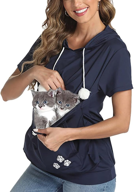 jessie Kangaroo Pouch Hoodie Summer Cat Pouch Hoodie Short Sleeve Hoodie With dog pouch (Navy blue