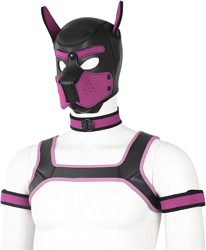 4 Sets Neoprene Puppy Hood Animal Head Mask Novelty Costume Dog (Hood Mask + Collar + Armband + Harness) (X-Large, Pink)