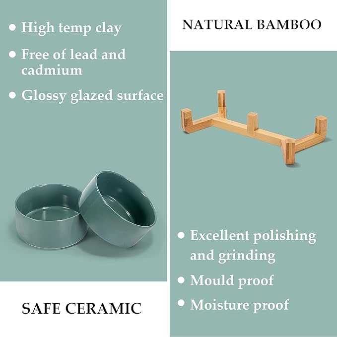 SPUNKYJUNKY Ceramic Dog and Cat Bowl Set with Wooden Stand, Modern Cute Weighted Food Water Set for Small Size Dogs (13.5OZ) & Medium Sized Dogs (28.7OZ) & Cats (3.6 Cups, 2 × Light Green)