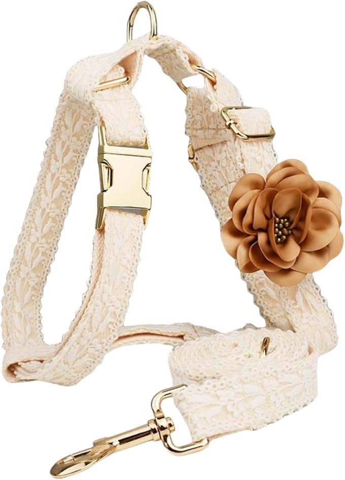 Small Dog Harness and Leash Set Cute Harness for Girl Dogs Luxury Fancy Puppy Harness with Bow Adjustable Lace Flowers Dog Harness No Pull with Handle for Easy Dog Walking (White,S)