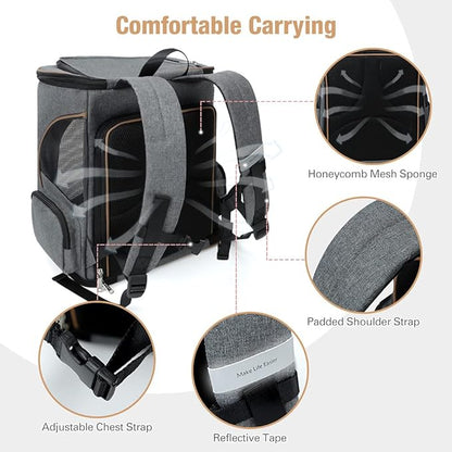 Lekereise Cat Backpack Expandable Pet Carrier Backpack for Small Cats and Dogs, Airline-Approved Foldable Dog Carrier Backpack with Inner Safety Leash, Grey