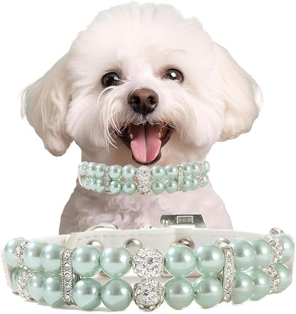 Green Pearl Small Dog Collar, Pearl Cat Collar for Puppies PU Leather Male Dogs Necklace with Crystal Diamond Rhinestone Jewlled for Kitten XS Small Medium Dogs Wedding & Birthday Gift,S