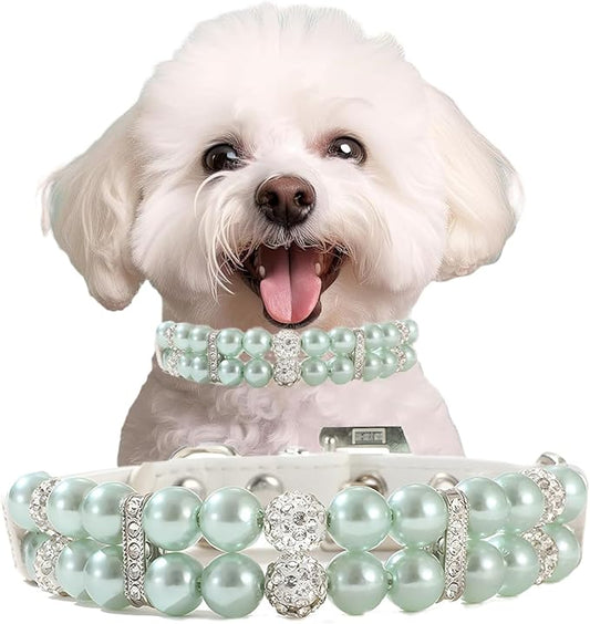 Green Pearl Small Dog Collar, Pearl Cat Collar for Puppies PU Leather Male Dogs Necklace with Crystal Diamond Rhinestone Jewlled for Kitten XS Small Medium Dogs Wedding & Birthday Gift,S