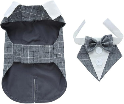 Puppy Tuxedo with Detachable Bowtie Prom Wedding Formal Wear Prince Costume for Small Dog (X-Small, Grey Plaid)