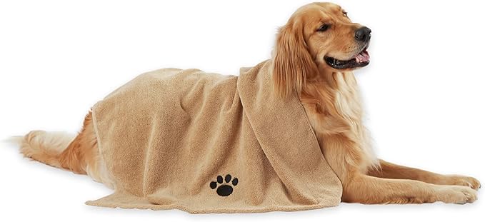 Bone Dry Pet Grooming Towel Collection Absorbent Microfiber X-Large, 41x23.5", Embroidered Taupe