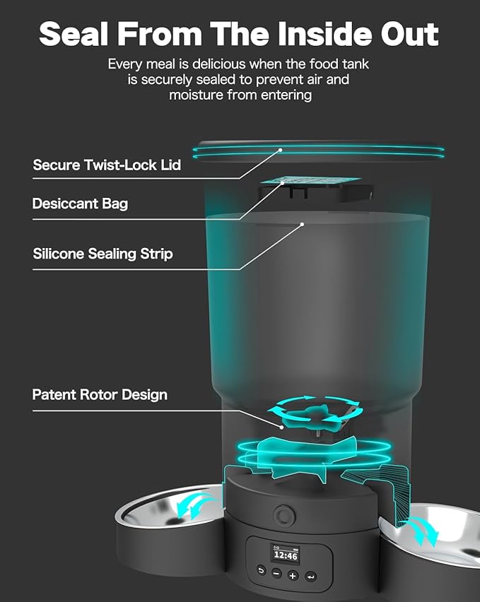 Automatic Cat Feeder for 2 Cats, 20 Cups/5L SURDY Automatic Cat Food Dispenser for Small Pets Auto Cat Feeder for Dry Food, Dual Power Supply and Timer Setting 12 Portions 6 Meals Per Day