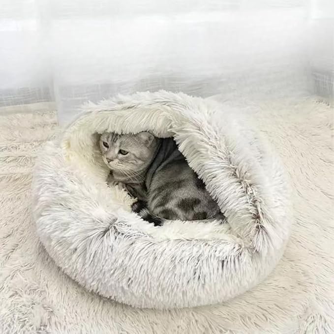 Cat Bed Round Fluffy Hooded Cat Bed Cave
