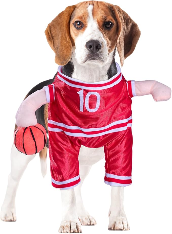 DELIFUR Dog Basketball Player Costume - Pet Halloween Costume Adjustable Funny Dress Up Sports Outfit Cosplay Clothes for Small Medium Dog Red (Large)