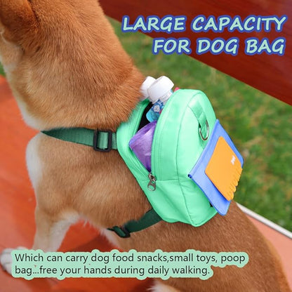 Dog Backpack Harness with Leash,Cute Pet Puppy Backpacks Bulid-in Dog Poop Bag Dispenser,Adjustable Pets Self Carrier Bag for Small Medium Dogs Travel Hiking Daily Walking(S, Green)