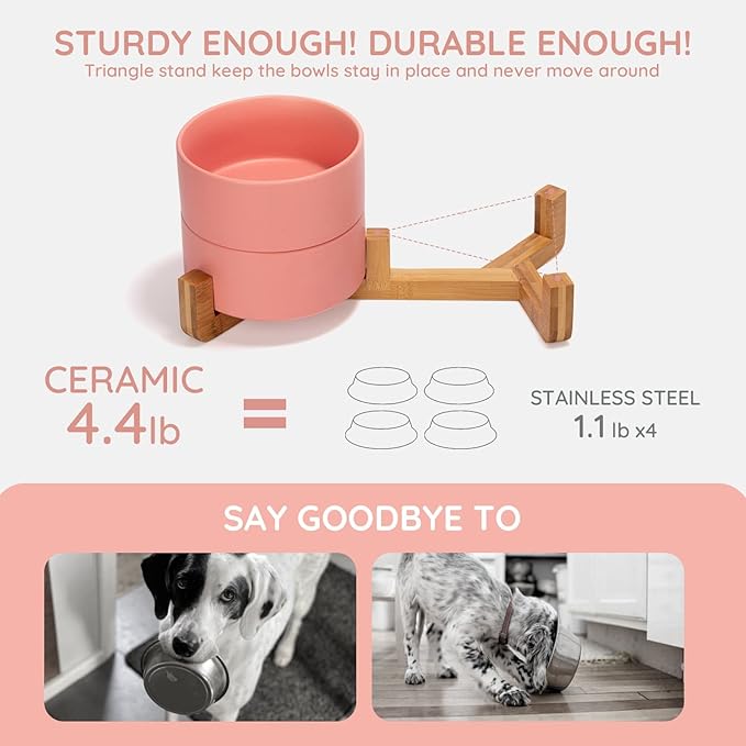 SPUNKYJUNKY Ceramic Dog and Cat Bowl with Wood Stand Non-Slip Matte Glaze Weighted Food Water Set for Cat Medium Dog 28.7 OZ