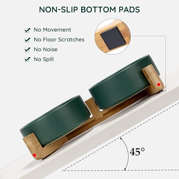 SPUNKYJUNKY Ceramic Dog and Cat Bowl with Wood Stand Non-Slip Matte Glaze Weighted Food Water Set for Cats &Small Dogs 13.5 OZ Green