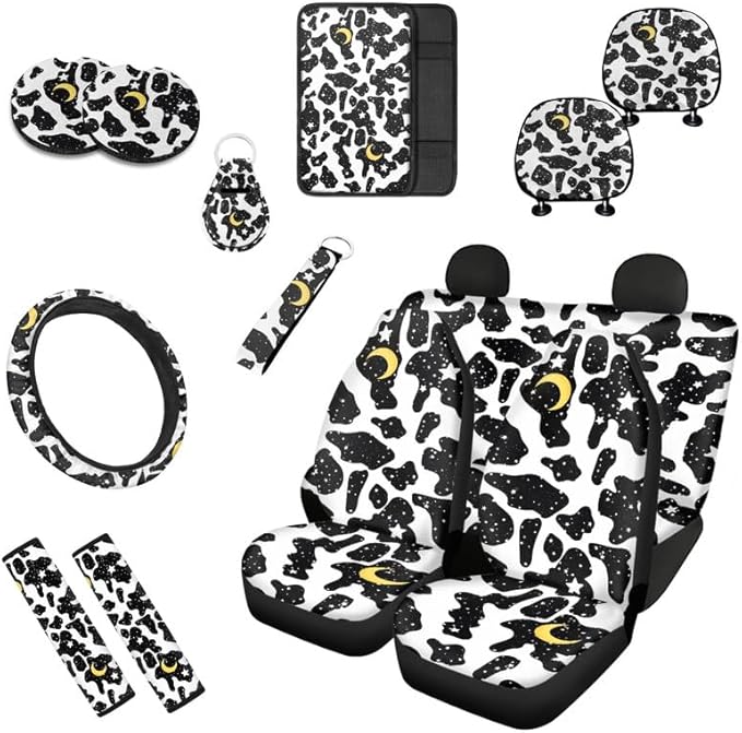 Polka Dot Moon Stars Car Seat Covers Set for Women Men Seat Belt Strap Cover